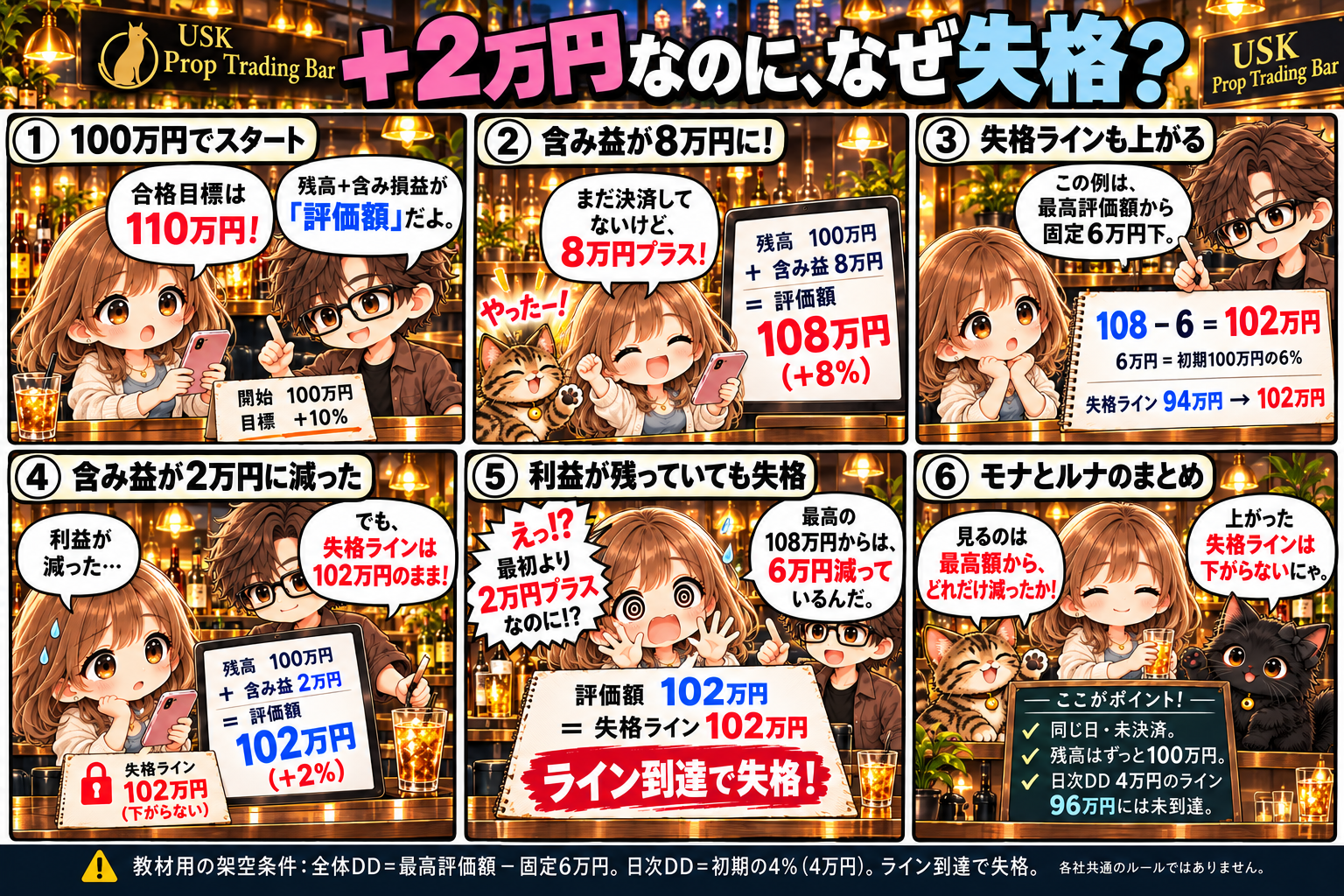 開始100万円から含み益8万円で評価額108万円になり、全体ラインが108−固定6＝102万円へ上がる6コマ漫画。日初残高・日初評価額とも100万円なので、日次ラインはmax(100,100)−4＝96万円のまま。その後評価額102万円へ戻ると、開始比＋2％でも全体102万円と同額になり抵触する。