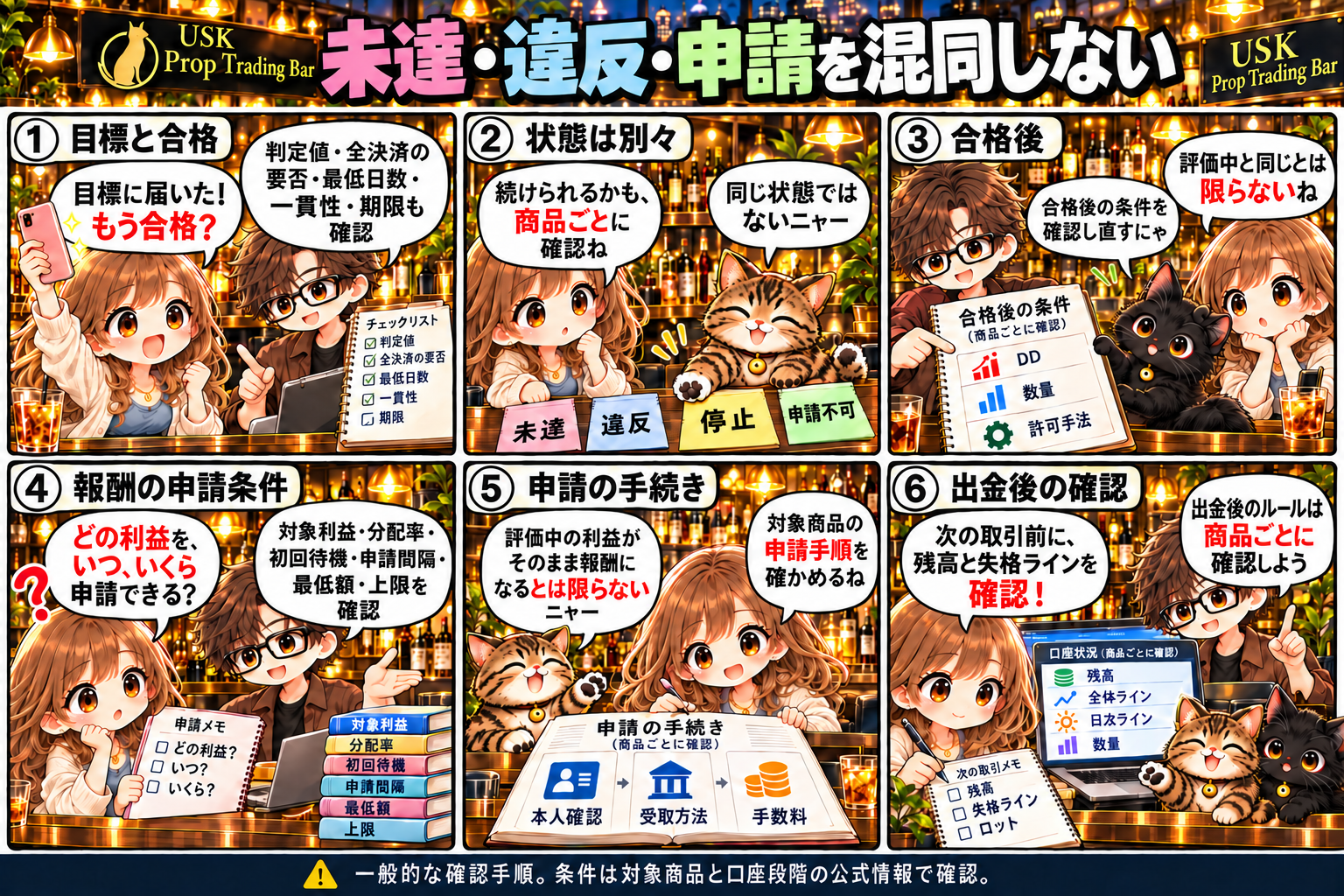 合格の判定値や追加条件、未達・違反・停止・申請不可、合格後のDD・数量・許可手法、報酬申請の利益・率・時期・金額・本人確認・受取方法・手数料、受取後の残高とラインを区別する6コマ漫画。