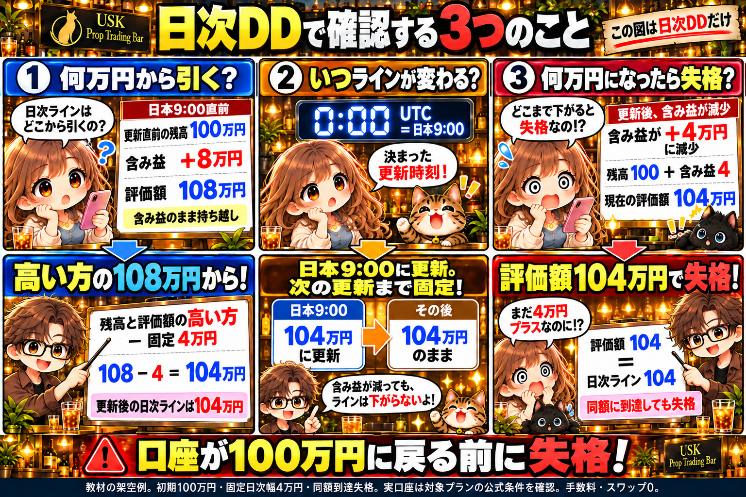 日本9時直前は未決済残高100万円・含み益8万円・評価108万円。日本9時の日初に残高と評価額の高い方108万円から固定4万円を引き、日次ライン104万円へ更新。その後の含み益減少でもラインは104万円。含み益4万円、現在評価104万円で日次同額失格。口座評価額が100万円へ戻る前に終了する。
