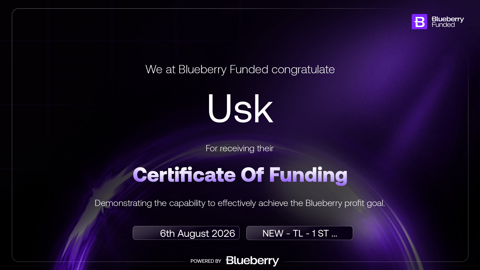 USK先輩のBlueberry Funded Certificate of Funding（2026年8月6日）