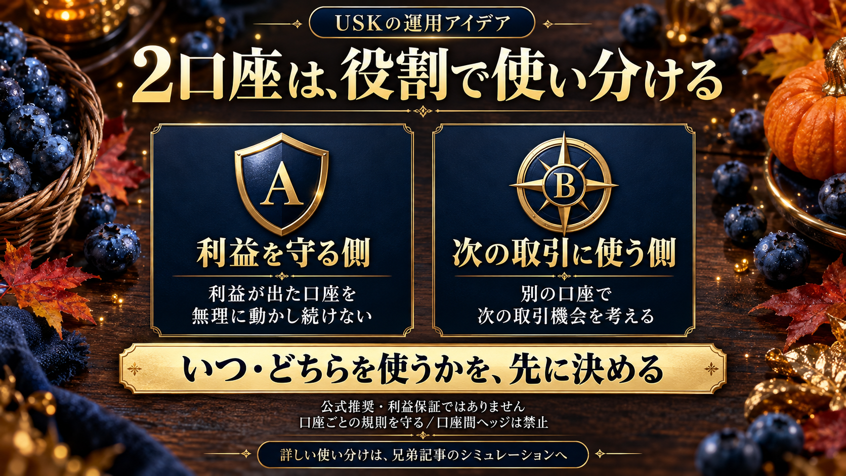USKの運用アイデア。Aは利益が出た口座を無理に動かし続けず守る側、Bは別口座で次の取引機会を考える側。いつ・どちらを使うかを先に決める。