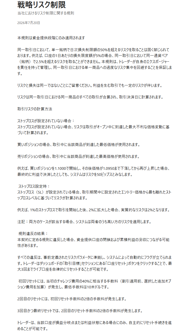 FundedElite公式FAQ「戦略リスク制限」のスクリーンショット