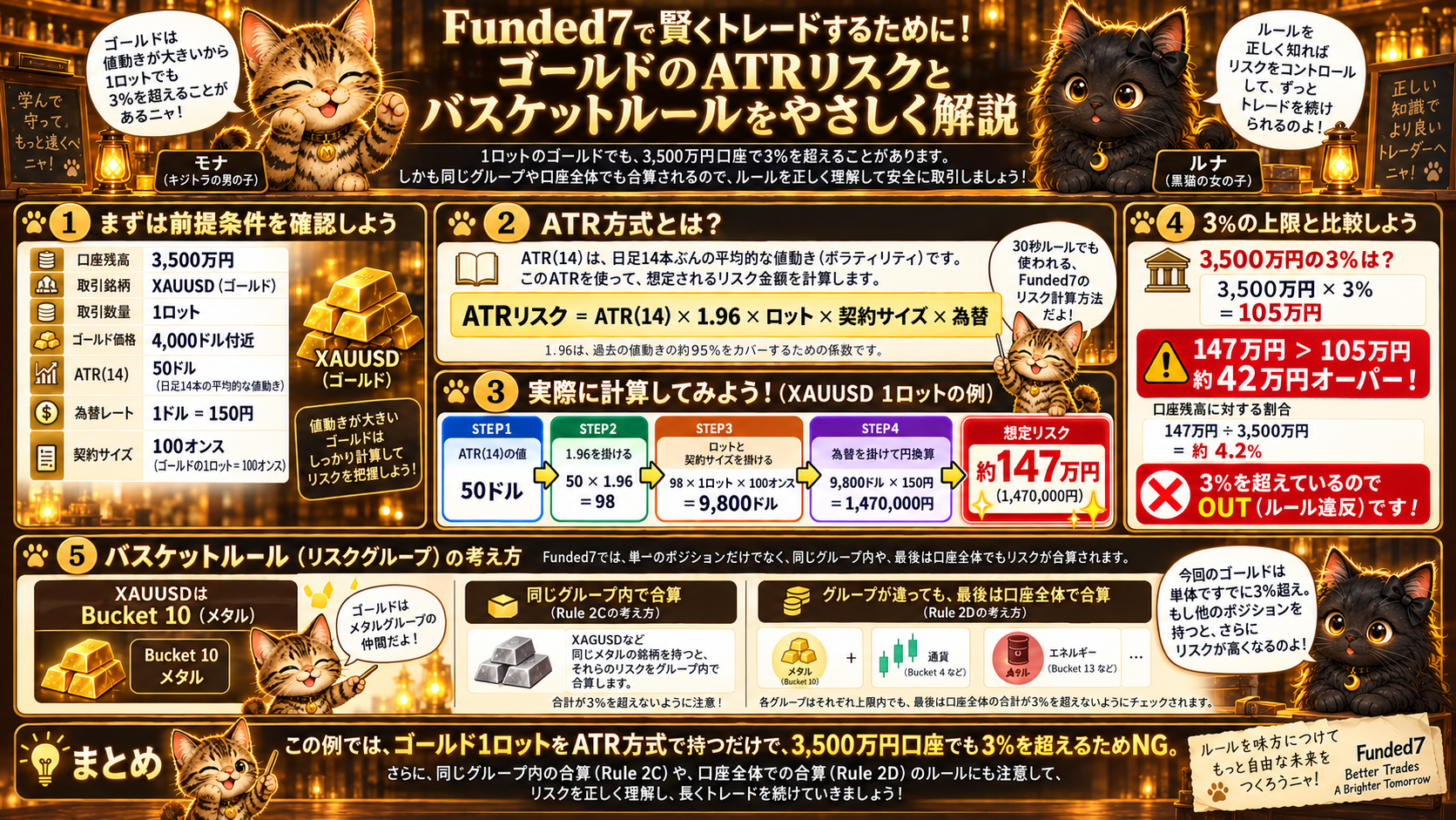GoldのATRリスクとリスクグループを組み合わせ、同じLotだけではなく想定リスクと口座全体を確認することを示す総まとめ図