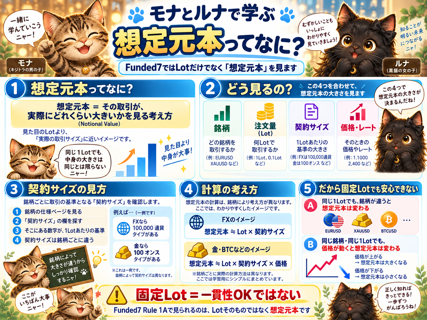 想定元本は銘柄、Lot、契約サイズ、価格・レートを合わせて見る考え方であり、固定Lotだけでは一貫性を判断できないことを示す図
