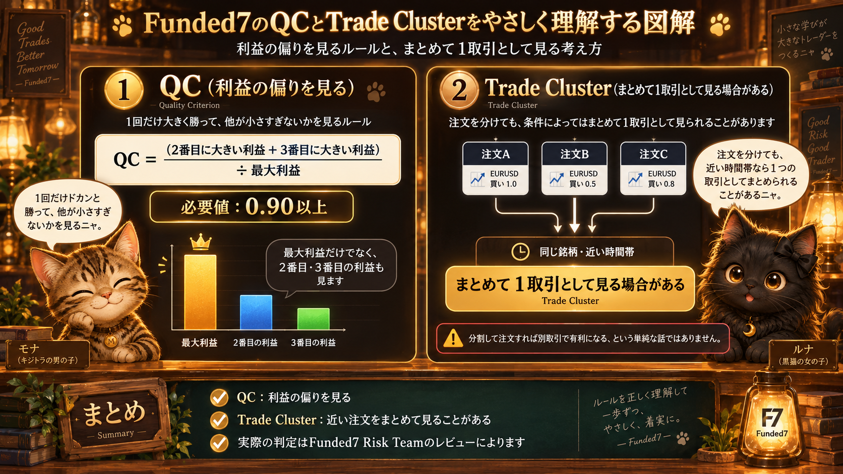 QCは最大利益だけでなく2番目と3番目の利益も見て0.90以上を確認し、近い時間帯の同一銘柄の注文はまとめて1取引として見られる場合があることを示す図