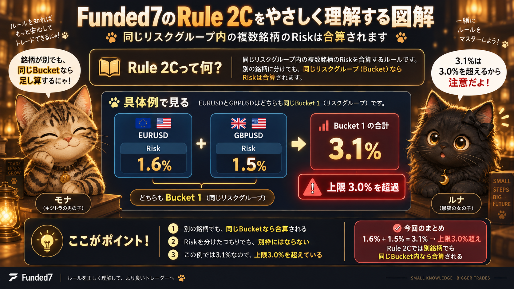 EURUSDのリスク1.6%とGBPUSDのリスク1.5%は同じBucket 1のため合算され3.1%となり上限3.0%を超えることを示す図