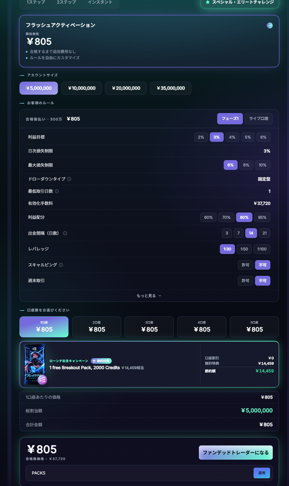 PACKS欄のあるFlash500万円・目標3%・1口座の設定画面。開始805円、有効化37,720円、Breakout1個・2,000クレジット。