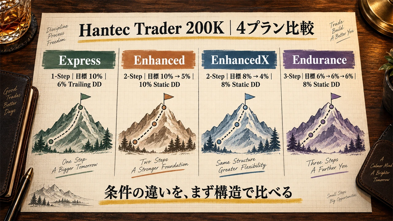 Hantec Trader 200KのExpress、Enhanced、EnhancedX、Enduranceの4プラン構造比較