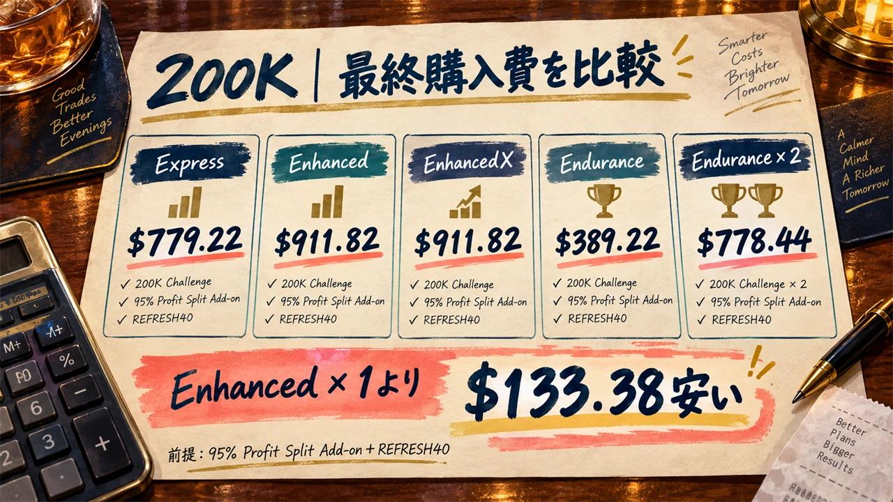 Hantec Trader 200Kの4プランとEndurance 2回分の最終購入費比較