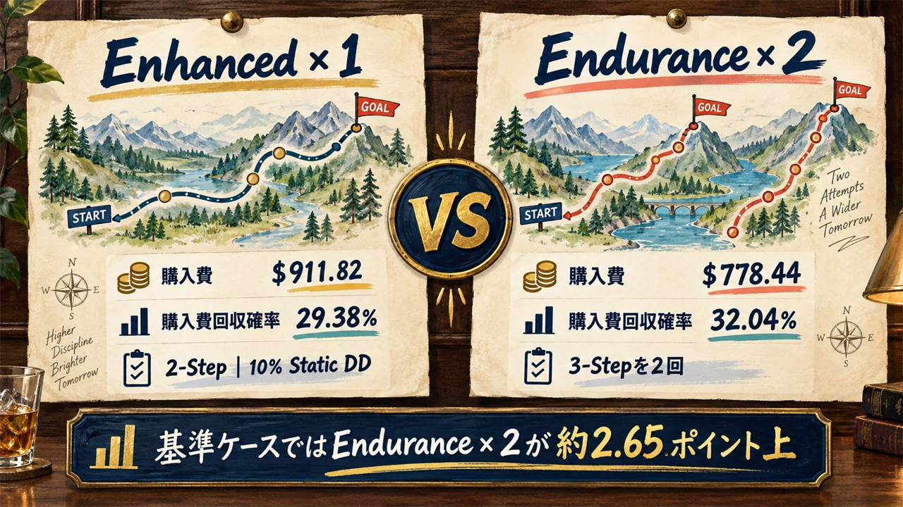 Enhanced 1回とEndurance 2回の購入費と購入費回収確率の比較