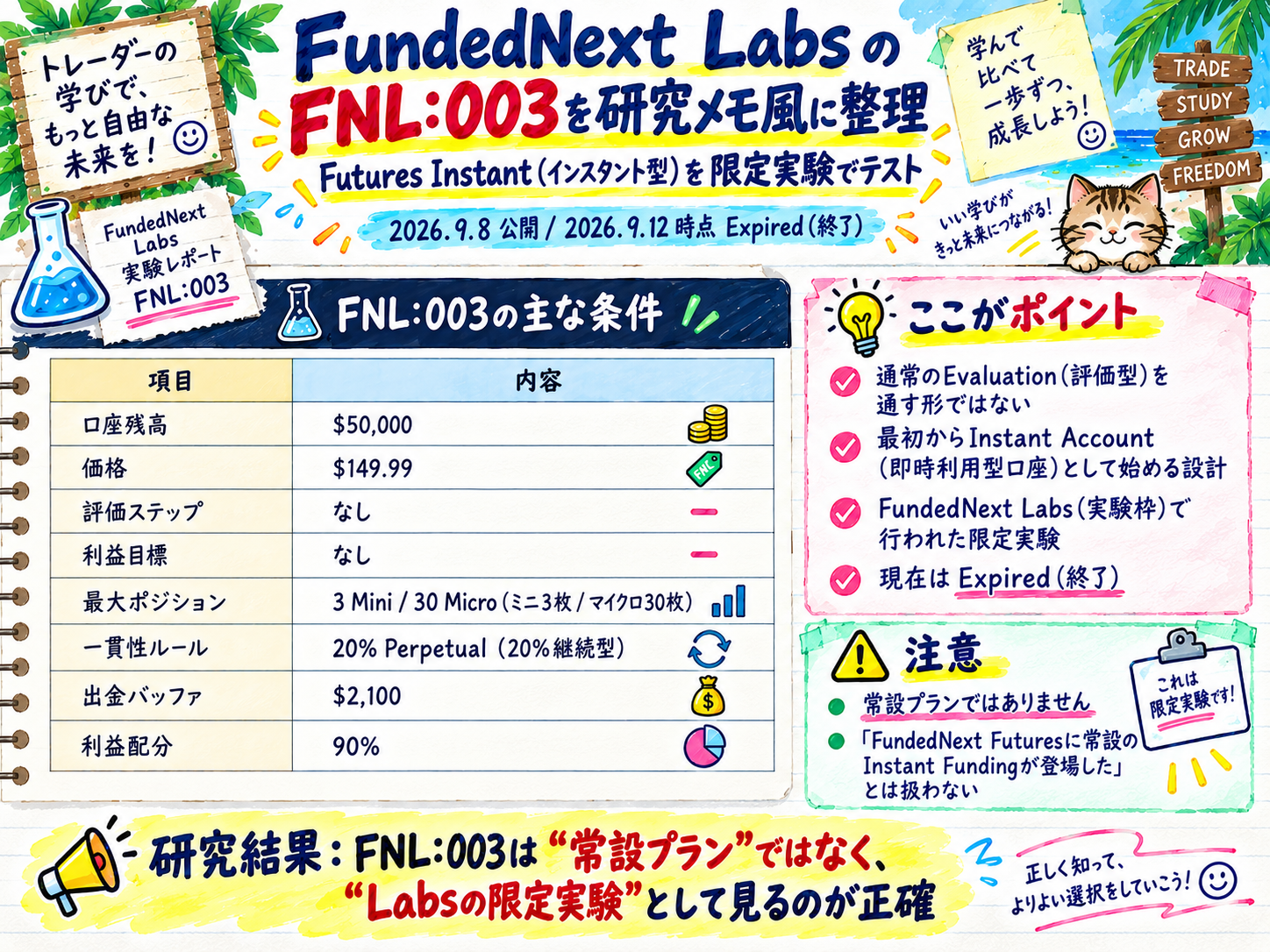 FundedNext Labs FNL:003の主な条件と、限定実験で現在は終了している点をまとめた研究メモ風の図解
