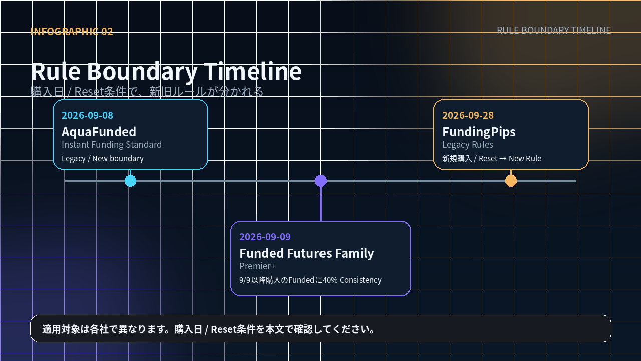 9月のRule Boundary：9月8日AquaFunded、9月9日Funded Futures Family、9月28日FundingPips。適用対象は各社で異なります
