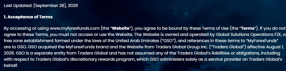 MyForexFunds Terms:更新日とGSOによるブランド・Website取得の記載