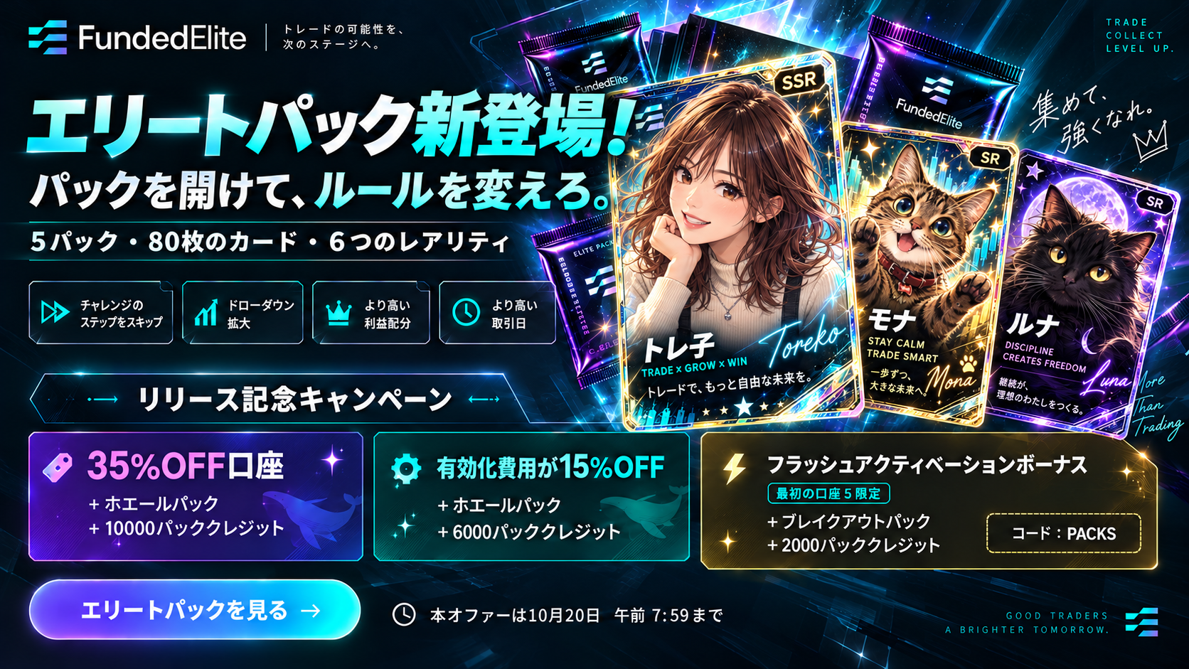 FundedElite「エリートパック新登場!」のバナー。カードパックと3枚のキャラクターカード、リリース記念キャンペーンを紹介。
