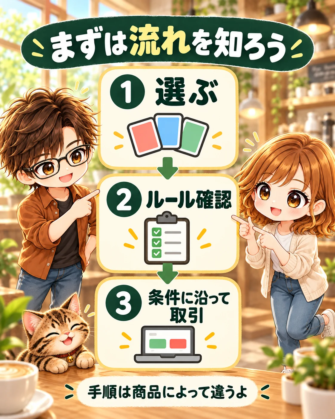 プランを選ぶ、ルールを確認する、条件に沿って取引するという3つのステップを示す図