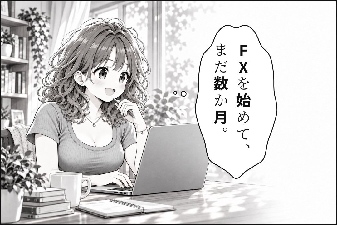 自室のパソコンでチャートを見るトレ子。FXを始めてまだ数か月。