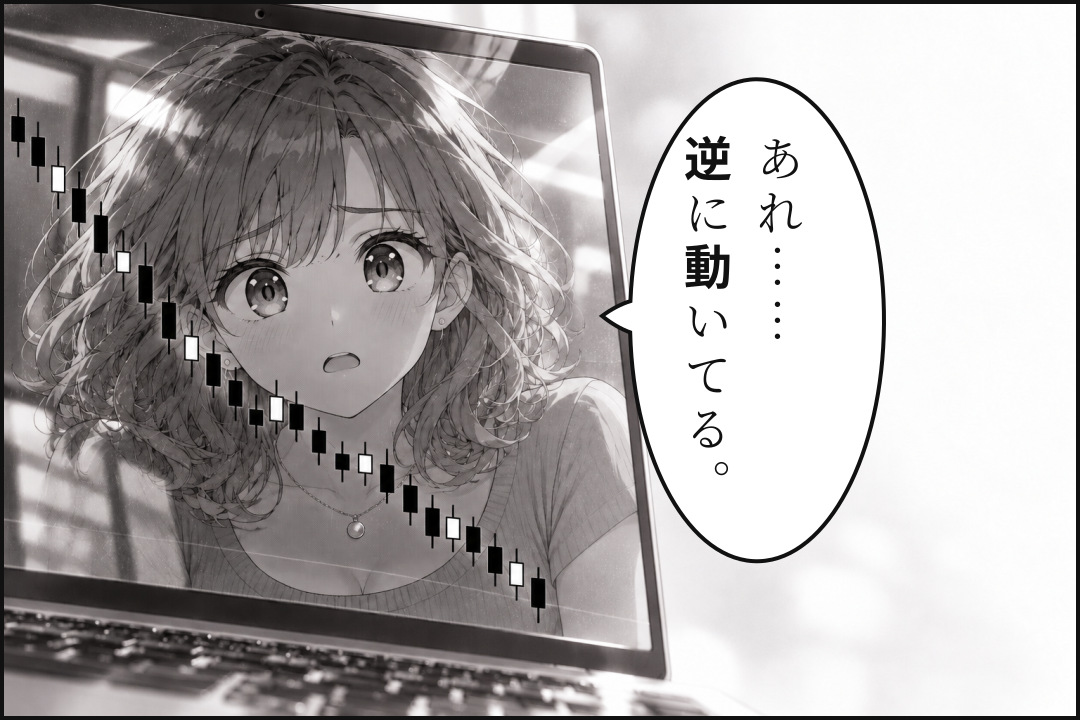 白陽線と黒陰線のチャートが予想と逆に動き、不安になるトレ子。