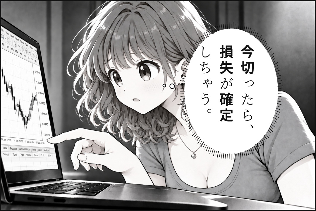 損失の確定をためらい、取引画面の前で手を止めるトレ子。