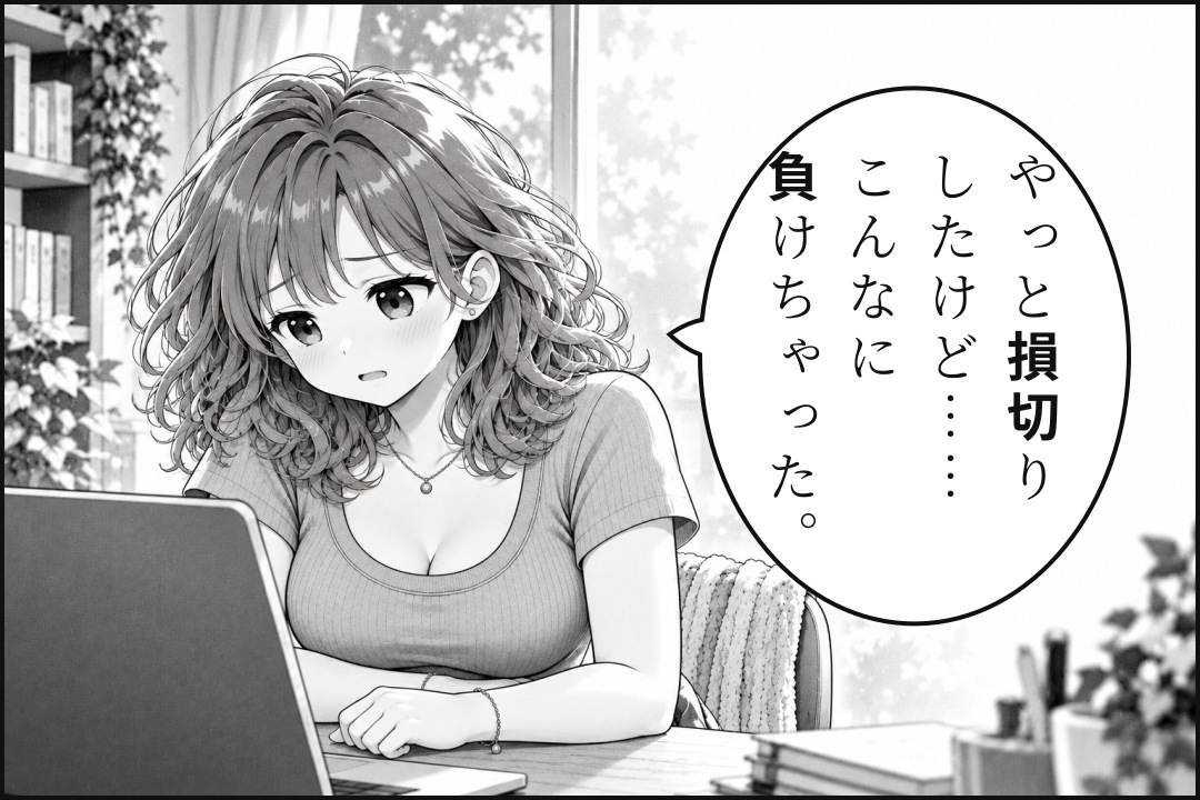 損切りをしたあと、損失に落ち込むトレ子。