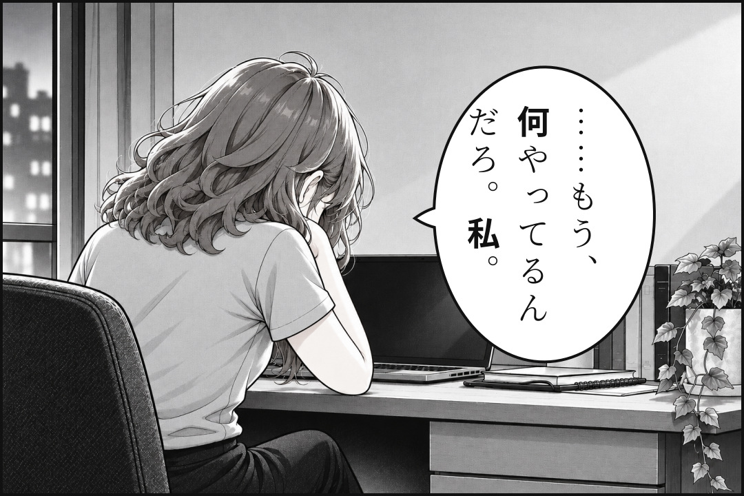 自分の取引を振り返り、落ち込むトレ子。