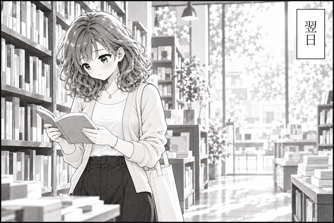 翌日。カーディガンと白いインナー姿のトレ子が本屋にいる。