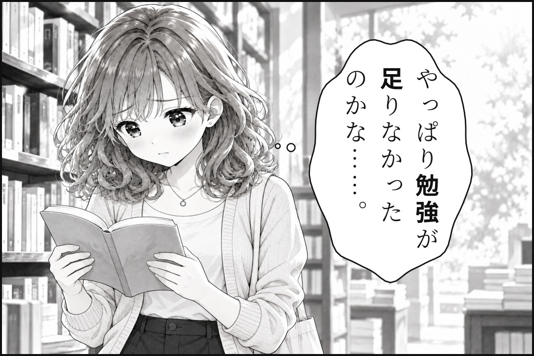 本屋で、勉強が足りなかったのかと考えるトレ子。