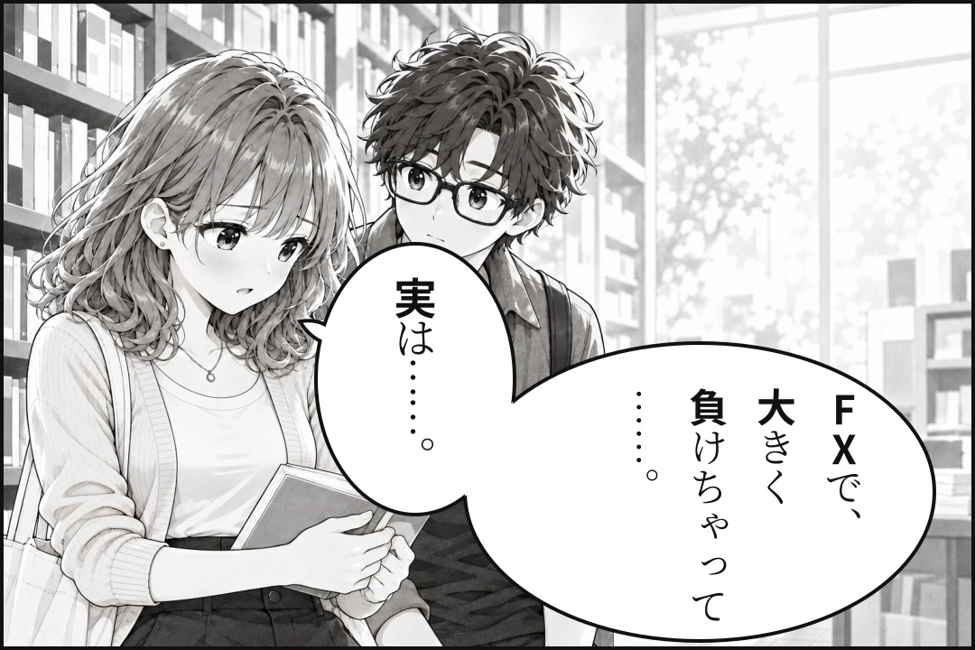 FXで大きく負けたことを先輩に打ち明けるトレ子。