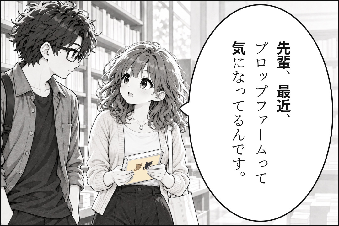 本を持つトレ子が、プロップファームについて先輩に尋ねる。