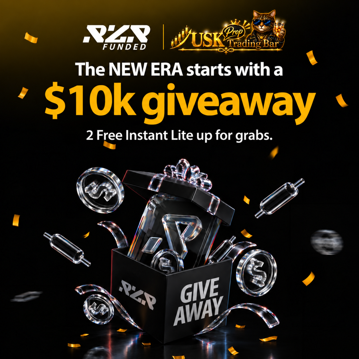 RZR FundedとUSK Prop Trading Barのロゴ入りGiveawayバナー。1万ドルInstant Lite口座を2口座