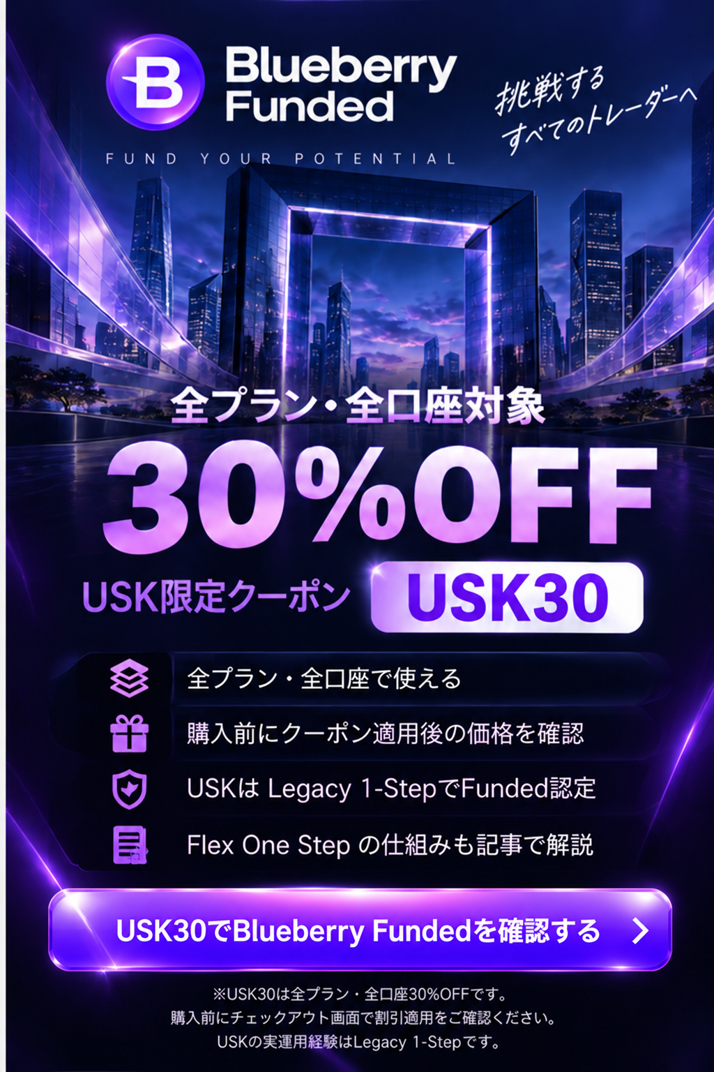 Blueberry Funded USK限定クーポン「USK30」 全プラン・全口座30%OFF（USK紹介リンク）
