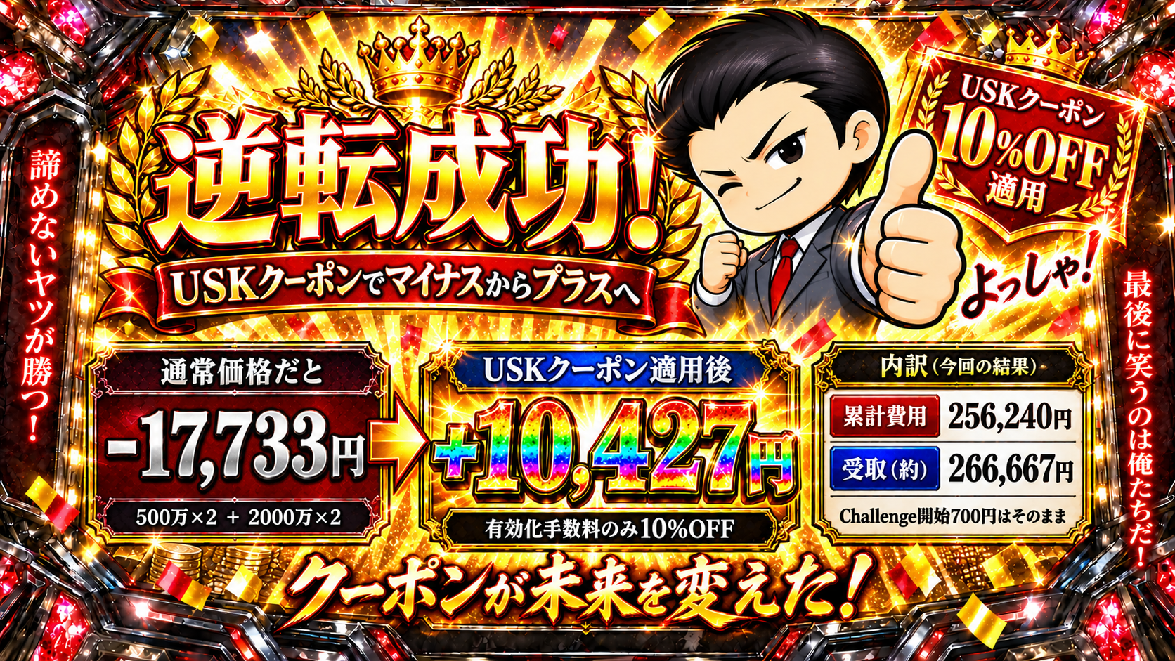通常価格では約17,733円マイナスだった計算が、USKクーポン10%OFF適用後に約10,427円プラスへ逆転したFundedElite Flash比較図