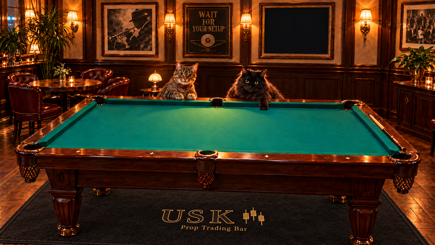 A billiards table with Mona and Luna, tables, chairs and bar posters.